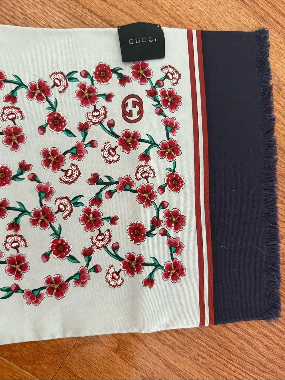 Gucci Silk Scarf with Red Floral Print on Ivory
